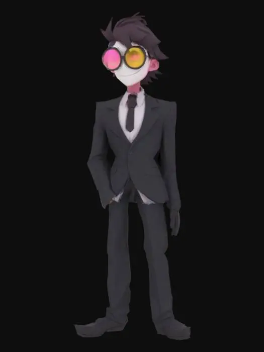 3D model for Spamton from Deltarine, мужчина, круглые очки с розовой и желтой линзами, одна линза розовая другая линза желтая, белая кожа, красный румянец на щеках, широкая улыбка, длинный заострённый нос, черный костюм с V-образным вырезом, на заднем плане голубая кирпичная стена с небрежно нарисованным солнцем и облаками,