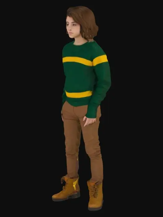 3D model for подросток коричневые волосы глаз не видно в зеленой свитер с желтыми полосками в коричневых штанах в сапогах