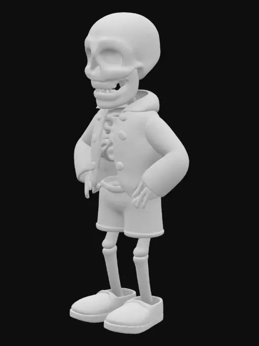 3D model for скелет низкого роста пухлый в синий куртке в черных шортах розовые тапочки