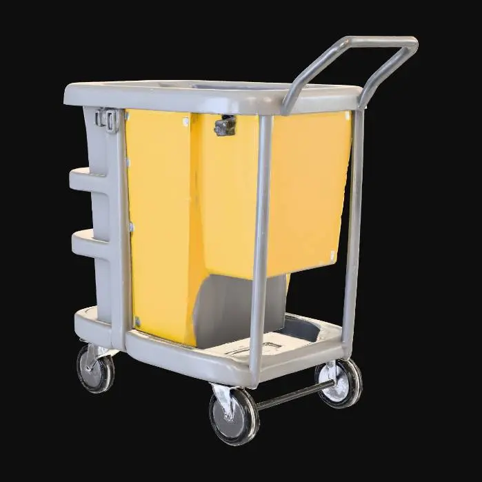 3D model for A standard hotel cleaning cart, constructed primarily from durable grey plastic with a matte finish, features multiple tiered shelves for supplies, a large yellow vinyl bag for laundry, and a mop bucket attached to one side. Its structure is pragmatic, designed for efficiency, with smooth, easy-rolling wheels and a comfortable push handle, exhibiting minor scuffs from daily use.