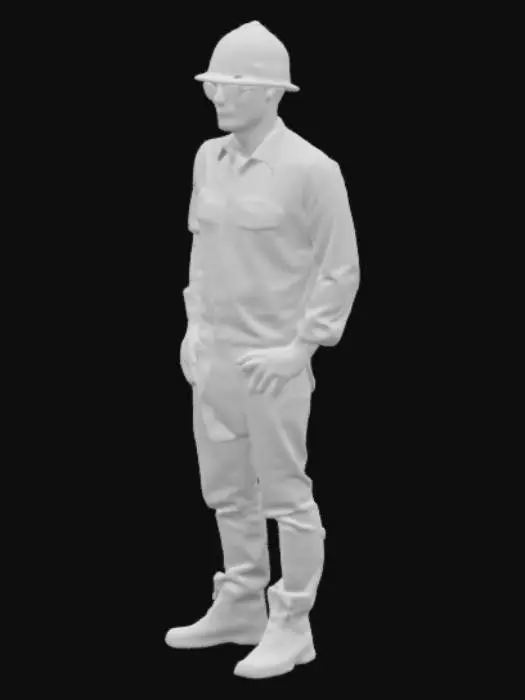 3D model for An employee wearing a green shirt and blue jeans, with a white helmet and protective glasses and boots