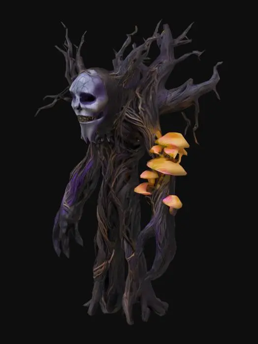 3D model for towering, willowy creature made of intertwining vines and gnarled wood,Its bark is deep charcoal black with veins of glowing violet that pulse like a heartbeat. Where a face might be, there's only a mask of cracked porcelain floating in the center of its upper trunk, shifting expressions with a life of its own. Instead of eyes, it has clusters of bioluminescent mushrooms growing on its shoulders and hands.