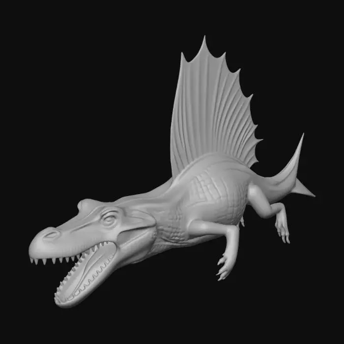 3D model for A formidable abyssal spinosaurid creature. It features a sleek, elongated body with a powerful, crocodile-like snout filled with jagged teeth. Its skin is a dark, smooth, rubbery texture, subtly absorbing light, with bioluminescent patterns along its reduced dorsal sail and finned tail. Large, pressure-resistant eyes glow faintly, and prominent sensory barbels extend, conveying a predatory, lurking posture.