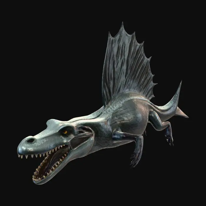 3D model for A formidable abyssal spinosaurid creature. It features a sleek, elongated body with a powerful, crocodile-like snout filled with jagged teeth. Its skin is a dark, smooth, rubbery texture, subtly absorbing light, with bioluminescent patterns along its reduced dorsal sail and finned tail. Large, pressure-resistant eyes glow faintly, and prominent sensory barbels extend, conveying a predatory, lurking posture.