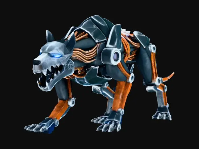 3D model for A biomechanical monster - mutated hound/dog combined with electrical wiring and scrap metal. Very fast, agile creature. Dog-like body but elongated, with exposed electrical wiring throughout. Metal frame structure visible under torn flesh. Sharp metal claws, electrical sparks from joints. Color scheme: Dark grey/black organic, copper wire, rust orange metal, blue electrical sparks. Lean, fast build - designed for speed. Visible electrical current running through exposed wires. Isometric game asset, low poly or stylized realistic. Dark industrial horror atmosphere, electrical lighting effects.