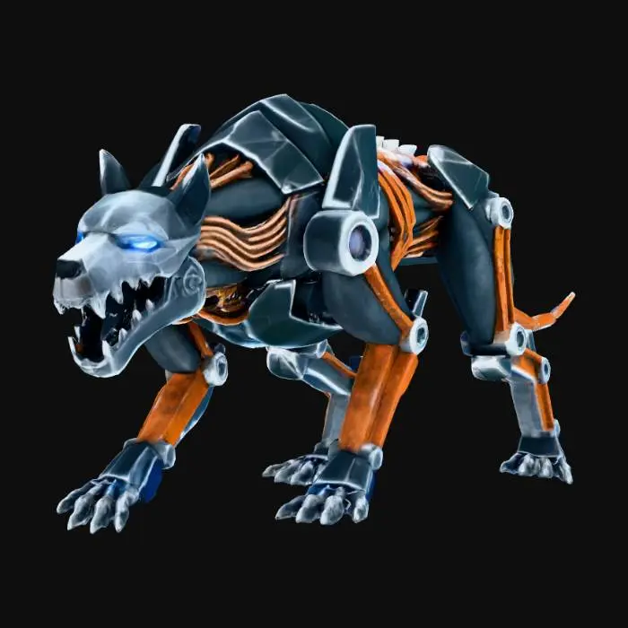 3D model for A biomechanical monster - mutated hound/dog combined with electrical wiring and scrap metal. Very fast, agile creature. Dog-like body but elongated, with exposed electrical wiring throughout. Metal frame structure visible under torn flesh. Sharp metal claws, electrical sparks from joints. Color scheme: Dark grey/black organic, copper wire, rust orange metal, blue electrical sparks. Lean, fast build - designed for speed. Visible electrical current running through exposed wires. Isometric game asset, low poly or stylized realistic. Dark industrial horror atmosphere, electrical lighting effects.