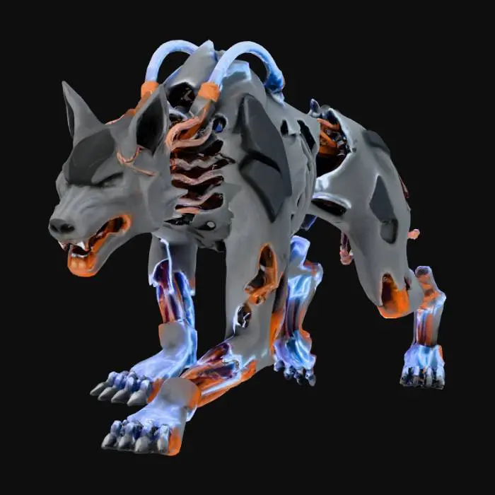 3D model for A biomechanical monster - mutated hound/dog combined with electrical wiring and scrap metal. Very fast, agile creature. Dog-like body but elongated, with exposed electrical wiring throughout. Metal frame structure visible under torn flesh. Sharp metal claws, electrical sparks from joints. Color scheme: Dark grey/black organic, copper wire, rust orange metal, blue electrical sparks. Lean, fast build - designed for speed. Visible electrical current running through exposed wires. Isometric game asset, low poly or stylized realistic. Dark industrial horror atmosphere, electrical lighting effects.