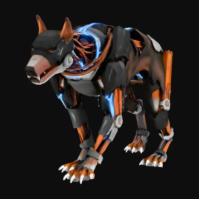 3D model for A biomechanical monster - mutated hound/dog combined with electrical wiring and scrap metal. Very fast, agile creature. Dog-like body but elongated, with exposed electrical wiring throughout. Metal frame structure visible under torn flesh. Sharp metal claws, electrical sparks from joints. Color scheme: Dark grey/black organic, copper wire, rust orange metal, blue electrical sparks. Lean, fast build - designed for speed. Visible electrical current running through exposed wires. Isometric game asset, low poly or stylized realistic. Dark industrial horror atmosphere, electrical lighting effects.