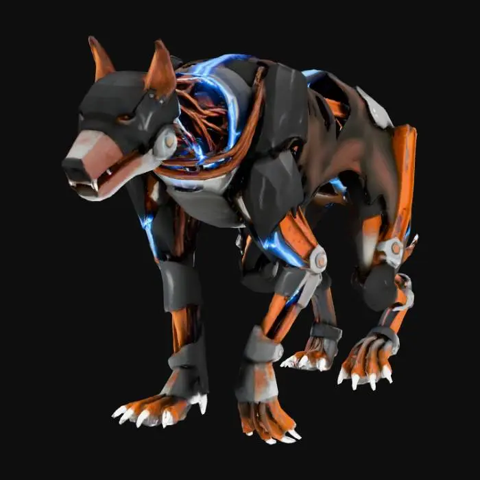 3D model for A biomechanical monster - mutated hound/dog combined with electrical wiring and scrap metal. Very fast, agile creature. Dog-like body but elongated, with exposed electrical wiring throughout. Metal frame structure visible under torn flesh. Sharp metal claws, electrical sparks from joints. Color scheme: Dark grey/black organic, copper wire, rust orange metal, blue electrical sparks. Lean, fast build - designed for speed. Visible electrical current running through exposed wires. Isometric game asset, low poly or stylized realistic. Dark industrial horror atmosphere, electrical lighting effects.