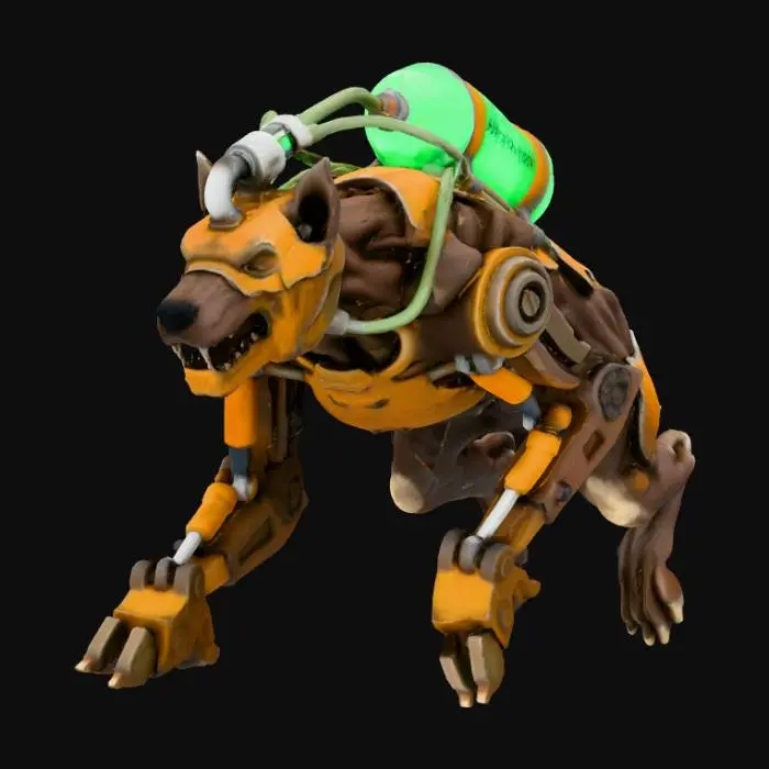 3D model for biomechanical monster - mutated horse/equine combined with industrial machinery. Skeleton type looks like a dog. Stationary or jumping creature, acid-spitting capability. Horse-like body structure but with mechanical legs, exposed hydraulics. Acid-spitting mechanism visible (tank on back, nozzle on head). Metal plating on critical areas, organic parts on others. Color scheme: Dark brown/black organic, rust orange metal, green acid containers. Larger than other Feral, more imposing. Can be in stationary "roosting" position or aggressive jumping stance. Isometric game asset, low poly or stylized realistic. Dark industrial horror atmosphere.