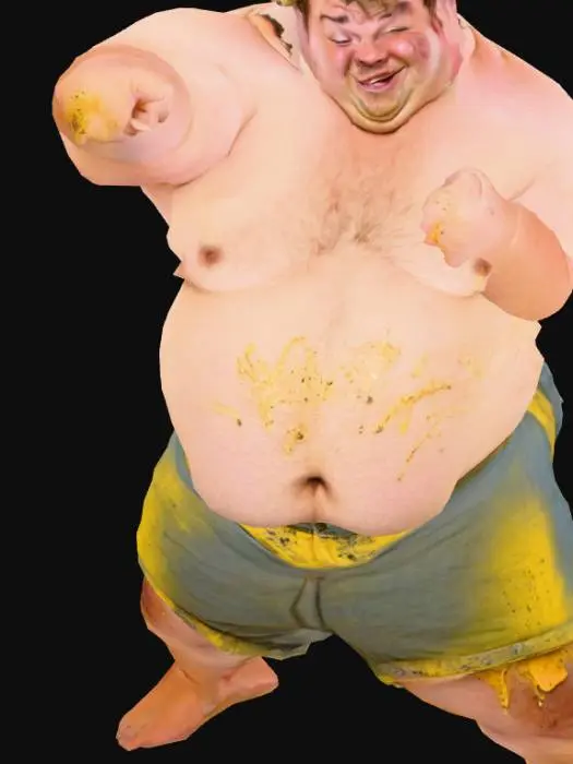 3D model for A fat, chubby man in a T-pose. He has a greasy face, messy hair, a goofy expression with crooked yellow teeth and a double chin. His stained, too-tight t-shirt clings to his belly, and he’s wearing dirty, saggy shorts. His body is sweaty and covered in crumbs and pimples. Comically gross and exaggerated, with a funny and disgusting vibe.