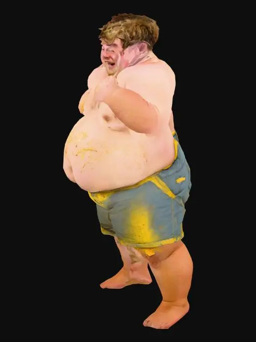 3D model for A fat, chubby man in a T-pose. He has a greasy face, messy hair, a goofy expression with crooked yellow teeth and a double chin. His stained, too-tight t-shirt clings to his belly, and he’s wearing dirty, saggy shorts. His body is sweaty and covered in crumbs and pimples. Comically gross and exaggerated, with a funny and disgusting vibe.