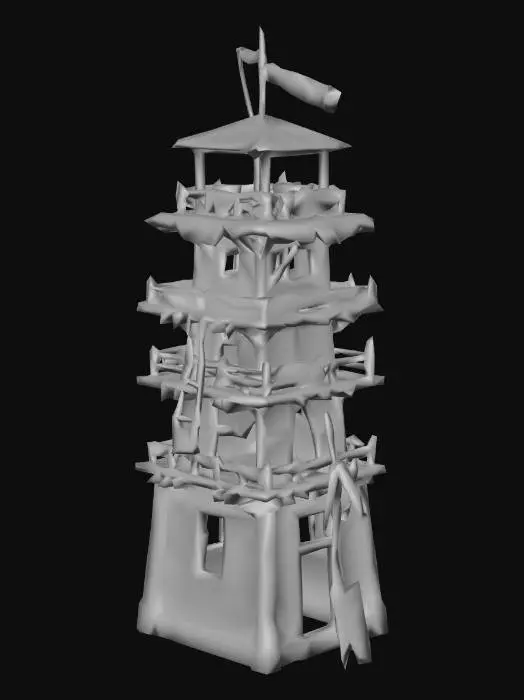 3D model for Medium height — 1–2 floors (6–9 meters)

Design Description:

Built with a stone base and wooden upper platform to save cost.

Roof made of dried wooden planks with rope reinforcements.

Rope pulley system on the side for raising small supply crates.

Hanging bronze bells to alert the village if intruders approach.

Lower part stores:

spare bows

quivers

signal smoke pots

An open ladder outside serves as direct access to the top.

The upper watch platform has:

Wooden railings

A small covered shade to protect guards from sun/rain

Flag indicating village rank fluttering in the wind