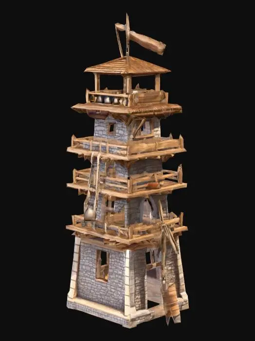 3D model for Medium height — 1–2 floors (6–9 meters)

Design Description:

Built with a stone base and wooden upper platform to save cost.

Roof made of dried wooden planks with rope reinforcements.

Rope pulley system on the side for raising small supply crates.

Hanging bronze bells to alert the village if intruders approach.

Lower part stores:

spare bows

quivers

signal smoke pots

An open ladder outside serves as direct access to the top.

The upper watch platform has:

Wooden railings

A small covered shade to protect guards from sun/rain

Flag indicating village rank fluttering in the wind