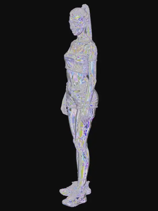 3D model for Young woman, pretty, skimpy t-shirt, skimpy shorts, trainers, socks, ultra detailed body, high detailed face, high definition, defined eyes, hard edges, angular, sharp, defined, ponytail hair