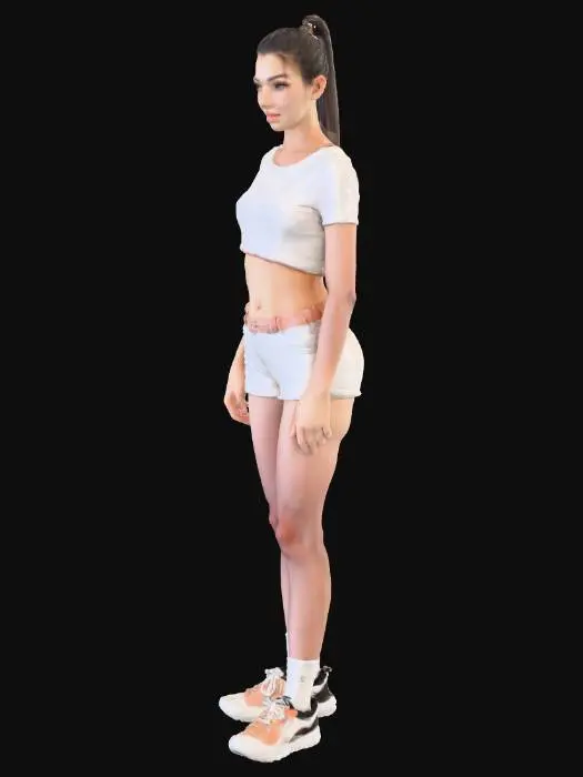 3D model for Young woman, pretty, skimpy t-shirt, skimpy shorts, trainers, socks, ultra detailed body, high detailed face, high definition, defined eyes, hard edges, angular, sharp, defined, ponytail hair