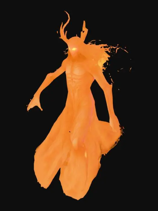 3D model for A terrifying Djinn spirit emerging under the blazing desert sun, surrounded by shimmering heat waves. Its body is made of swirling sand, smoke, and fire, half-human and half-monster, with glowing golden eyes that pierce through the daylight. The creature has elongated limbs, cracked desert skin, and shifting forms like a mirage. It towers over the desert dunes, blending into the sands but still menacing and otherworldly. The sky is bright, but its presence bends the light unnaturally, casting long distorted shadows. Cinematic, ultra-detailed, photorealistic, mystical, with an aura of dread and mystery