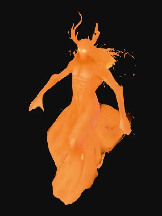 3D model for A terrifying Djinn spirit emerging under the blazing desert sun, surrounded by shimmering heat waves. Its body is made of swirling sand, smoke, and fire, half-human and half-monster, with glowing golden eyes that pierce through the daylight. The creature has elongated limbs, cracked desert skin, and shifting forms like a mirage. It towers over the desert dunes, blending into the sands but still menacing and otherworldly. The sky is bright, but its presence bends the light unnaturally, casting long distorted shadows. Cinematic, ultra-detailed, photorealistic, mystical, with an aura of dread and mystery