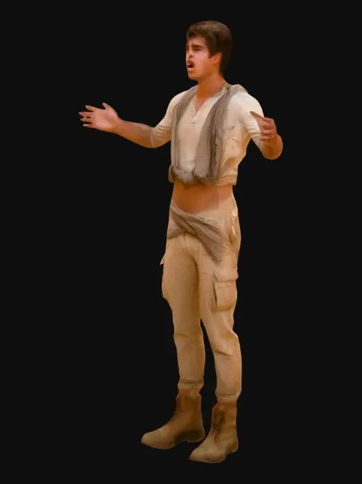 3D model for A young man survivor stranded in the desert, mid-20s, smart-looking but exhausted. He wears light desert clothes: loose beige shirt, rolled-up sleeves, cargo pants, and a scarf wrapped around his neck and head for protection. His face is sunburnt and dusty, lips cracked, hair messy from the desert winds. His clothes are torn, dirty, and sweat-stained, showing days of struggle. He carries a small worn backpack, water flask, and a wooden stick as a walking aid. His expression is sharp, intelligent, and determined despite exhaustion. Standing on hot desert dunes under a blazing sun. Realistic, cinematic, survival character design, highly detailed
