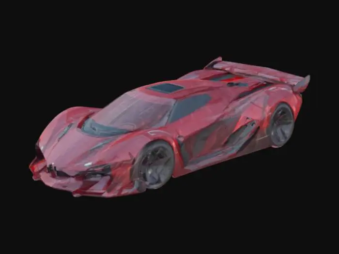 3D model for cyberpunk hypercar, The object has a sleek, angular shape with a futuristic, armored design, featuring bold geometric lines, a low profile, and a smooth, metallic texture. red colored body