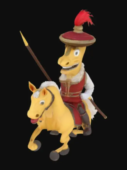 3D model for Create a 3D model of a whimsical rubber hose-style cartoon horse engaged in a medieval jousting match. The horse features elongated, flexible limbs, oversized white gloves on its front hooves, and a wide, toothy grin. Dressed in vibrant, ruffled Renaissance attire with a feathered hat, the horse gallops energetically, limbs flailing in classic rubber hose fashion. Atop the horse sits a flamboyant Italian character with a curled mustache, wielding an oversized, spiraled jousting lance. Include two animations: a running cycle showcasing exaggerated movements, and an impact animation where the lance comically bends upon collision, with exaggerated reactions from both characters. Render in a high-detail, stylized manner blending 1960s cartoon absurdity with Renaissance flamboyance