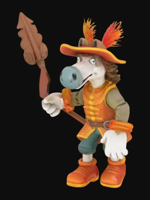 3D model for a whimsical rubber hose-style cartoon human with a horse head engaged in a medieval jousting match. The horse headed man features elongated, flexible limbs, walking on two legs the human with oversized white gloves on , and a wide, toothy grin. Dressed in vibrant, ruffled Renaissance attire with a feathered hat, wielding an oversized, spiraled jousting lance. Render in a high-detail, stylized manner blending 1960s cartoon absurdity with Renaissance flamboyance."

