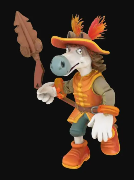 3D model for a whimsical rubber hose-style cartoon human with a horse head engaged in a medieval jousting match. The horse headed man features elongated, flexible limbs, walking on two legs the human with oversized white gloves on , and a wide, toothy grin. Dressed in vibrant, ruffled Renaissance attire with a feathered hat, wielding an oversized, spiraled jousting lance. Render in a high-detail, stylized manner blending 1960s cartoon absurdity with Renaissance flamboyance."


