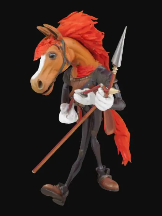 3D model for a whimsical rubber hose-style cartoon human with a horse head engaged in a medieval jousting match. The horse headed man features elongated, flexible limbs, walking on two legs the human with oversized white gloves on , and a wide, toothy grin. Dressed in vibrant, ruffled Renaissance attire with a feathered hat, wielding an oversized, spiraled jousting lance. Render in a high-detail, stylized manner blending 1960s cartoon absurdity with Renaissance flamboyance."

