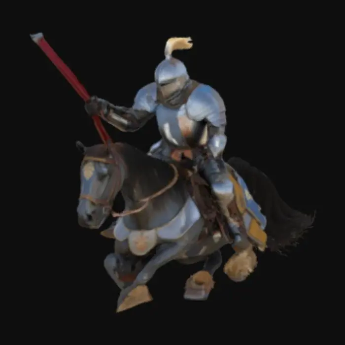 3D model for A photorealistic 3D model of a medieval knight in full plate armor, mounted on a powerful warhorse, charging forward with a lowered lance in a traditional jousting pose. The knight's armor is intricately detailed with engravings and heraldic symbols, featuring a flowing plume atop the helmet. The warhorse is adorned with ornate barding matching the knight's livery, muscles tensed, and hooves mid-gallop. The scene captures dynamic motion, with dust trailing behind and a blurred background of a cheering tournament crowd under a bright, clear sky.