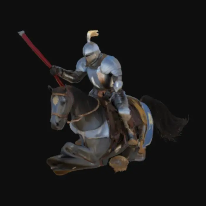 3D model for A photorealistic 3D model of a medieval knight in full plate armor, mounted on a powerful warhorse, charging forward with a lowered lance in a traditional jousting pose. The knight's armor is intricately detailed with engravings and heraldic symbols, featuring a flowing plume atop the helmet. The warhorse is adorned with ornate barding matching the knight's livery, muscles tensed, and hooves mid-gallop. The scene captures dynamic motion, with dust trailing behind and a blurred background of a cheering tournament crowd under a bright, clear sky.