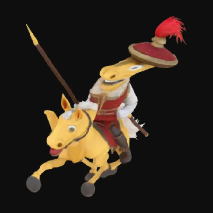 3D model for Create a 3D model of a whimsical rubber hose-style cartoon horse engaged in a medieval jousting match. The horse features elongated, flexible limbs, oversized white gloves on its front hooves, and a wide, toothy grin. Dressed in vibrant, ruffled Renaissance attire with a feathered hat, the horse gallops energetically, limbs flailing in classic rubber hose fashion. Atop the horse sits a flamboyant Italian character with a curled mustache, wielding an oversized, spiraled jousting lance. Include two animations: a running cycle showcasing exaggerated movements, and an impact animation where the lance comically bends upon collision, with exaggerated reactions from both characters. Render in a high-detail, stylized manner blending 1960s cartoon absurdity with Renaissance flamboyance