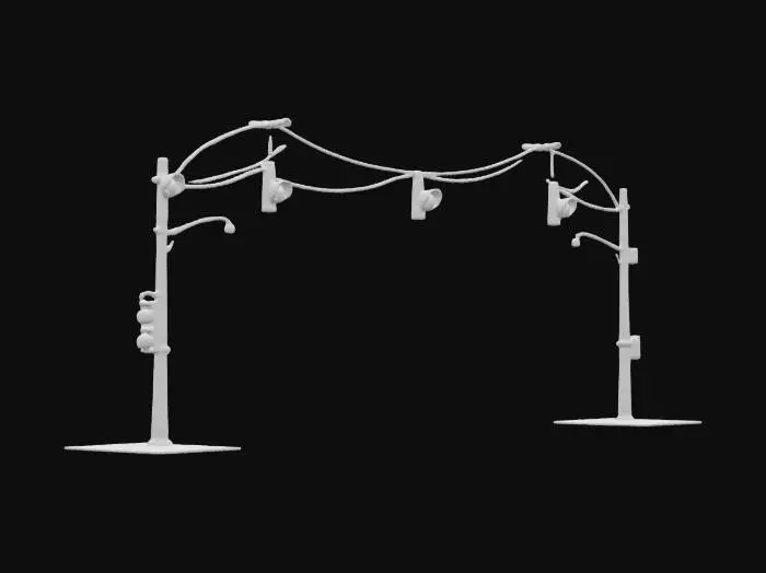 3D model for A life-size road intersection in North-Pole City. Detailed miniature traffic-lights. road-crossings. Decorated sparingly for Winter Solstice. The snow is plowed and these roads are clear, NVIDIA-OptiX, Daz3D, Renderocity, deeply carved detail, insane detailed, 3-pixel precise strait_lines, daytime Christmas lighting. precise texture-symmetry, Fusion-360, #ChristmasAdventure#