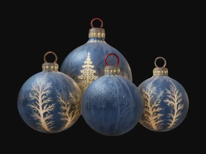 3D model for a life-size 10-meter tall trio of 3 giant Christmas bulbs with ornate Winter designs on them. They are so large people can walk in and out of them. 4K intricate textures.  #ChristmasAdventure#