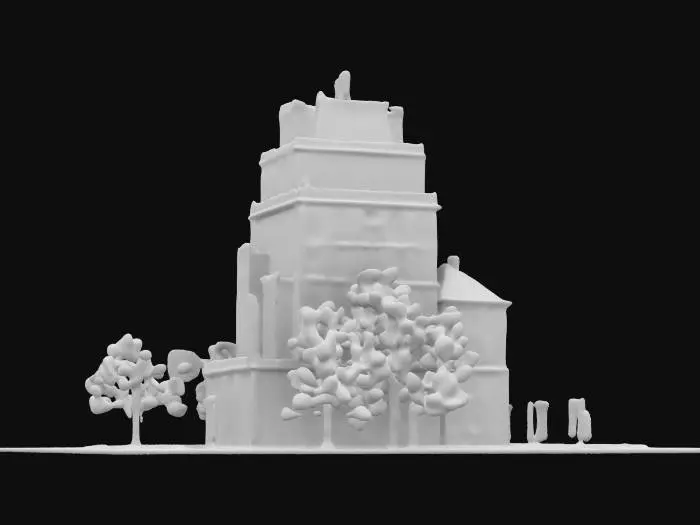 3D model for A life-size 52-meter / 15-story high apartment building designed in a very unique style. it is a joint effort between Willy Wonka and North-pole City. Decorated sparingly for Winter Solstice. ornate carved windows, NVIDIA OptiX, Daz3D, Renderocity, precise window textures, deeply carved detail, insane detailed, precise strait_lines, Meshy masterpiece, daytime Christmas lighting. precise texture symmetry, #ChristmasAdventure#