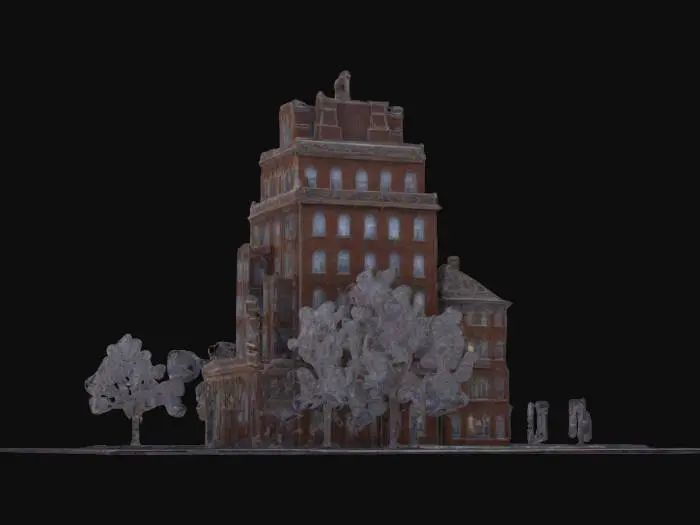 3D model for A life-size 52-meter / 15-story high apartment building designed in a very unique style. it is a joint effort between Willy Wonka and North-pole City. Decorated sparingly for Winter Solstice. ornate carved windows, NVIDIA OptiX, Daz3D, Renderocity, precise window textures, deeply carved detail, insane detailed, precise strait_lines, Meshy masterpiece, daytime Christmas lighting. precise texture symmetry, #ChristmasAdventure#