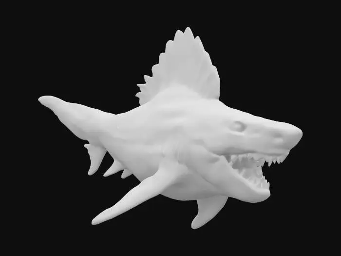 3D model for life-size, 10-meter long, Hyper-realistic animal presentation, renaissance style, megalodon shark with meticulously detailed mane, warm and varied tones, noble and wise eyes, rich and elegant  #warm tone#, #2025#