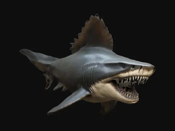 3D model for life-size, 10-meter long, Hyper-realistic animal presentation, renaissance style, megalodon shark with meticulously detailed mane, warm and varied tones, noble and wise eyes, rich and elegant  #warm tone#, #2025#