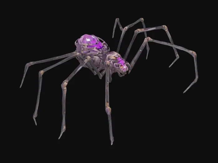 3D model for a life-size 10-meter tall arachnid member of the Ascendancy in "The Dark Crystal". special attention on the intricate head details, and unique abdomen. made of purple glass. 4K ornate details.