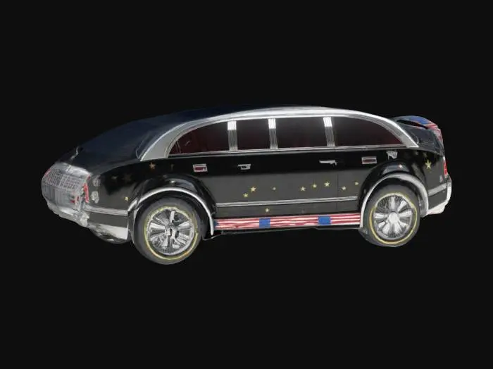 3D model for A detailed game figure of the presidential limousine in the future. 8K textures. clear details. intricate tire and undercarriage detail. obsidian-gloss paint-job, mirror-chrome rims, game-ready #game figure#