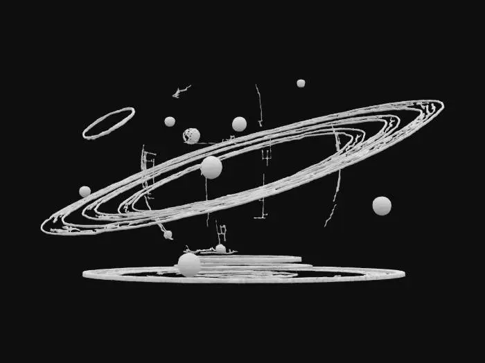 3D model for A 10-meter life-size detailed disco-ball Orrery Planetarium made of intricate crafted glass, deeply carved details, master craftsmanship, discretionary Spring  decoration, well-lit, 4k, laser lights, fiber optic planets, NVIDIA volumetric lighting. Meshy-5 masterpiece.