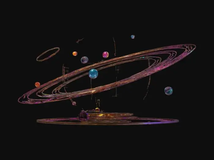 3D model for A 10-meter life-size detailed disco-ball Orrery Planetarium made of intricate crafted glass, deeply carved details, master craftsmanship, discretionary Spring  decoration, well-lit, 4k, laser lights, fiber optic planets, NVIDIA volumetric lighting. Meshy-5 masterpiece.