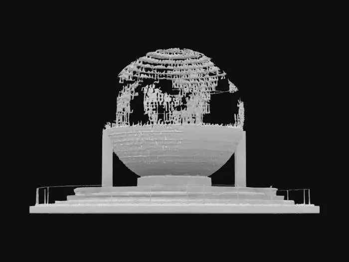 3D model for An ultra-poly 20-meter life-size detailed disco-ball Orrery, large 2-meter Planetarium-projector, made of intricate crafted glass, and metal bars, deeply carved details, master craftsmanship, well-lit, 4k, laser lights, fiber optic planets, NVIDIA volumetric lighting. Meshy-5 masterpiece.