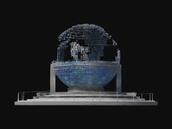 3D model for An ultra-poly 20-meter life-size detailed disco-ball Orrery, large 2-meter Planetarium-projector, made of intricate crafted glass, and metal bars, deeply carved details, master craftsmanship, well-lit, 4k, laser lights, fiber optic planets, NVIDIA volumetric lighting. Meshy-5 masterpiece.