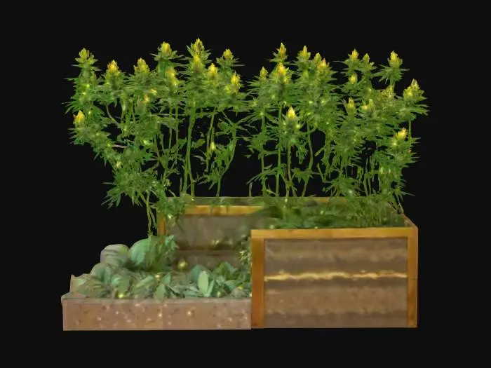 3D model for a glowing and sparkling, marijuana/cannabis, patio-garden. 3-feet wide, 10-feet long. #garden#