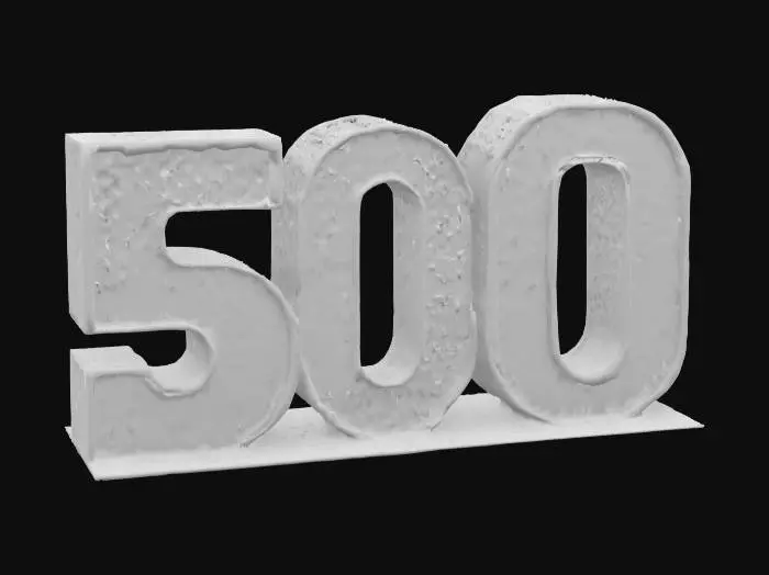 3D model for Celebration 500, A huge statue of the word 500+. carved out of various colored quartz crystal, with fireworks illuminating the inside of the crystals. 8K