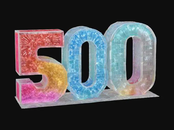 3D model for Celebration 500, A huge statue of the word 500+. carved out of various colored quartz crystal, with fireworks illuminating the inside of the crystals. 8K