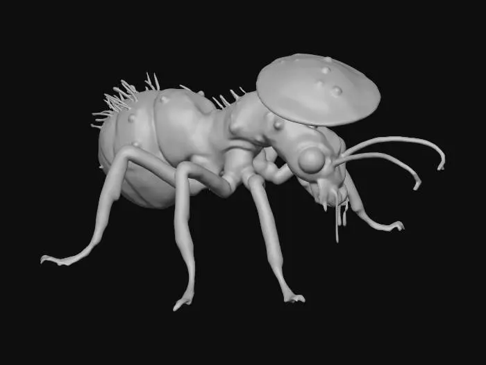 3D model for A giant kaiju zombie ant with a large mushroom burst through its head after eating its brain and controlling its mind. with small mushrooms and moss, bioluminescent plasma putrid puss color, dripping, in attack, extremely details, high resolution texture, Unreal Engine 5, epic-games, NVIDIA 8k textures,
