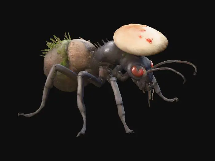 3D model for A giant kaiju zombie ant with a large mushroom burst through its head after eating its brain and controlling its mind. with small mushrooms and moss, bioluminescent plasma putrid puss color, dripping, in attack, extremely details, high resolution texture, Unreal Engine 5, epic-games, NVIDIA 8k textures,