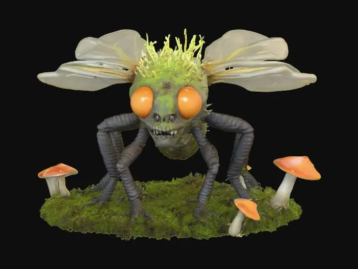 3D model for Generated a model of a giant kaiju zombie firefly with a mushroom bursting through its head, covered in smaller mushrooms and moss, with bioluminescent plasma dripping, in attack, set against a grey backdrop. Suggestion: For better 3D results, try simplifying the background and ensuring consistent lighting.  #Halloween2025#
