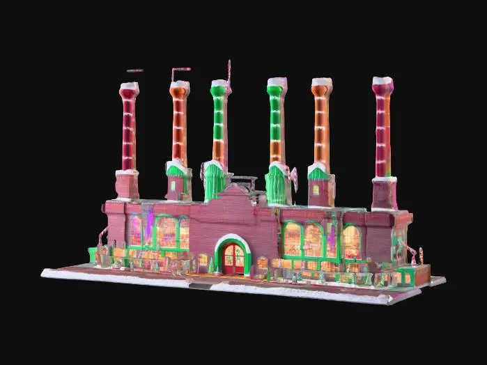 3D model for Riesiges Willy Wonka Soda_Fabrikgebäude im Stil der Weihnachtsindustrialisierung. Mehrfarbige Schornsteine ​​aus Ziegeln, #ChristmasAdventure#